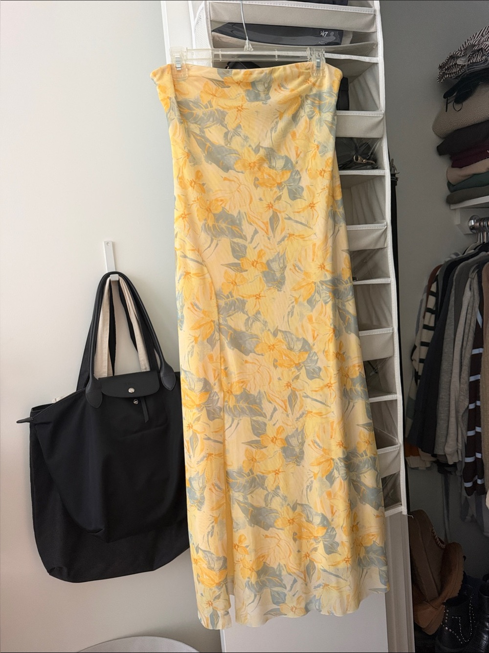 Zara Yellow Floral Strapless Maxi with Gray-Green Leaves